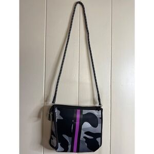 Haute Shore Crossbody Bag Women's Camo Print Purple Stripe Neoprene‎